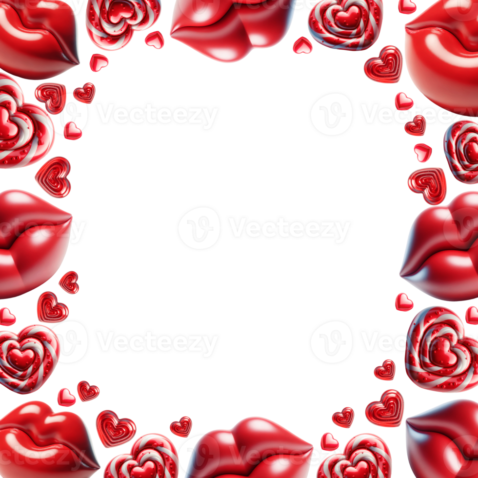 3D red frame of different sized hearts and kiss shaped lips in Valentine's style day png