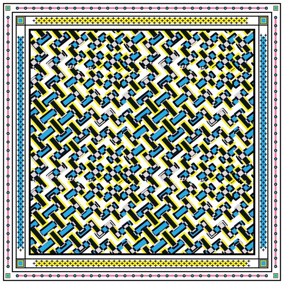 A dynamic blue and yellow geometric pattern showcasing an intricate arrangement of shapes and lines. vector