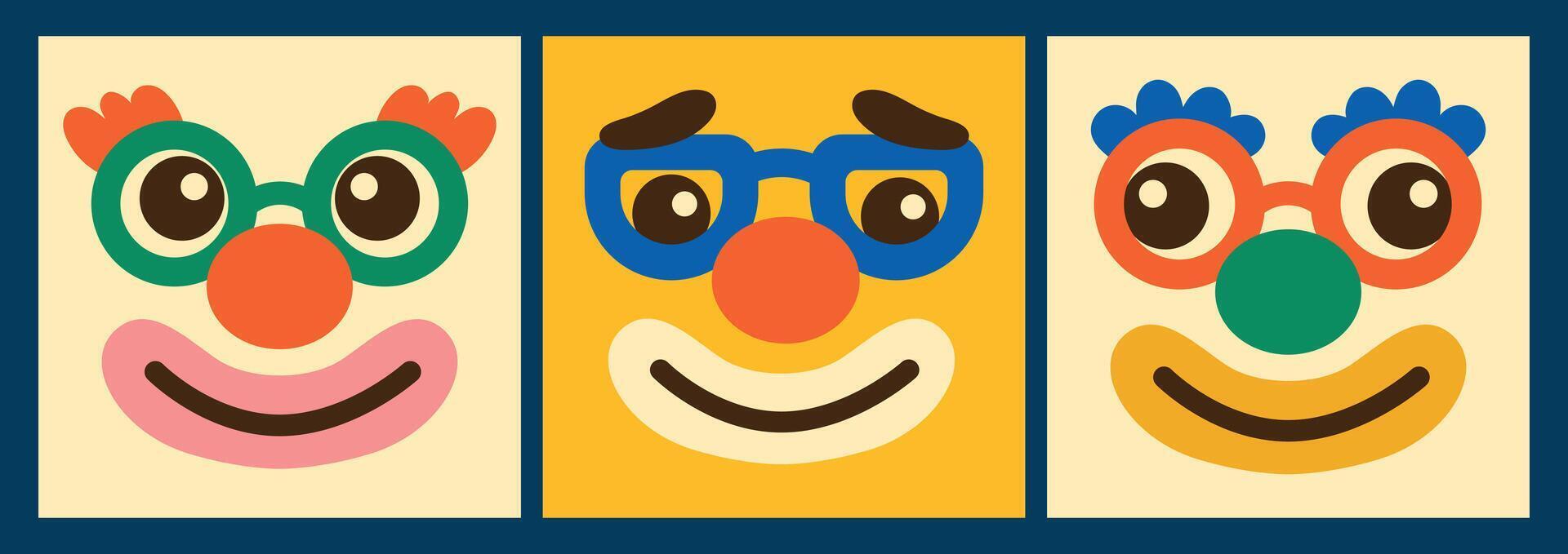 Funny clown face set. Square colorful faces in clown glasses. illustration for circus design vector