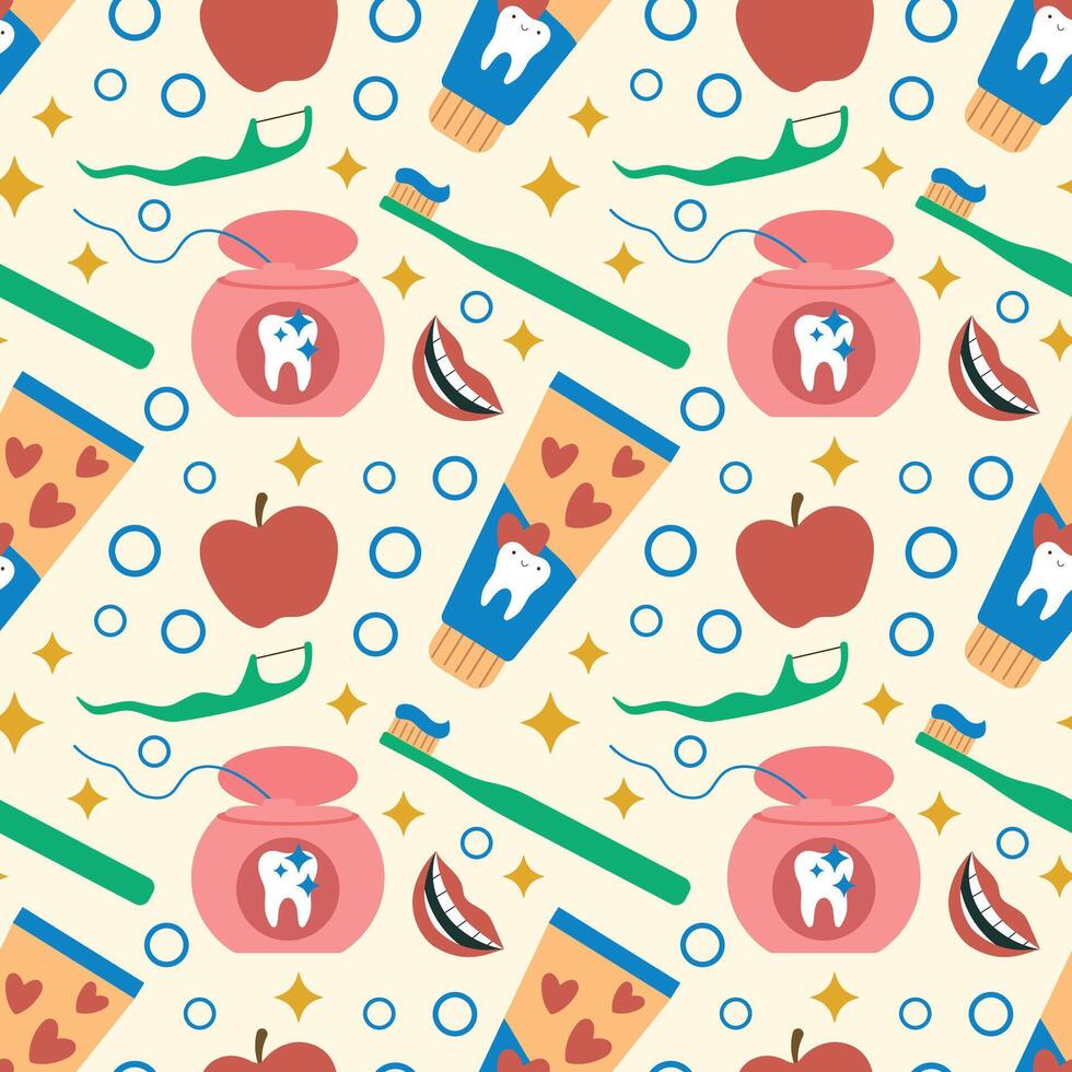 Dental care seamless pattern. Toothbrush, dental floss and other tools on a beige background. illustration in clip art style for background, packaging, cover vector