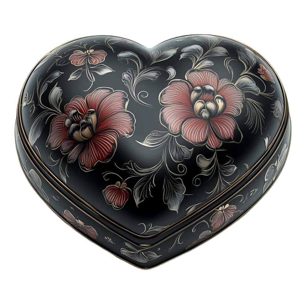 decorative heart shaped box with floral patterns, perfect for gifts or keepsakes. intricate design features vibrant flowers against transparency background, evoking sense of elegance and romance png