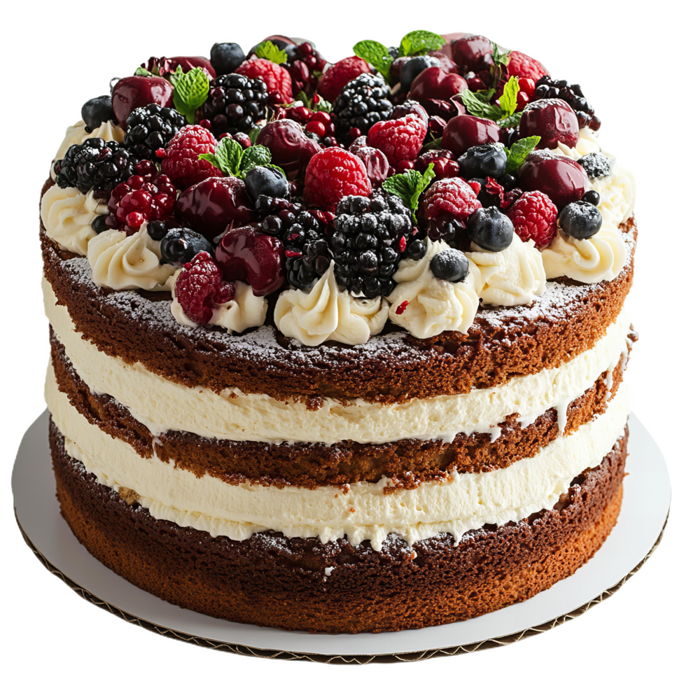 Delicious layered cake topped with fresh berries and cream, perfect for celebrations and special occasions. delightful treat that brings joy and sweetness to any gathering png