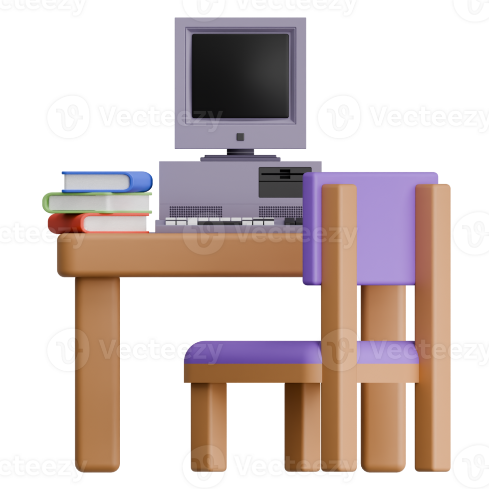 3d Renderização mesa com computador e livros para interior Projeto png