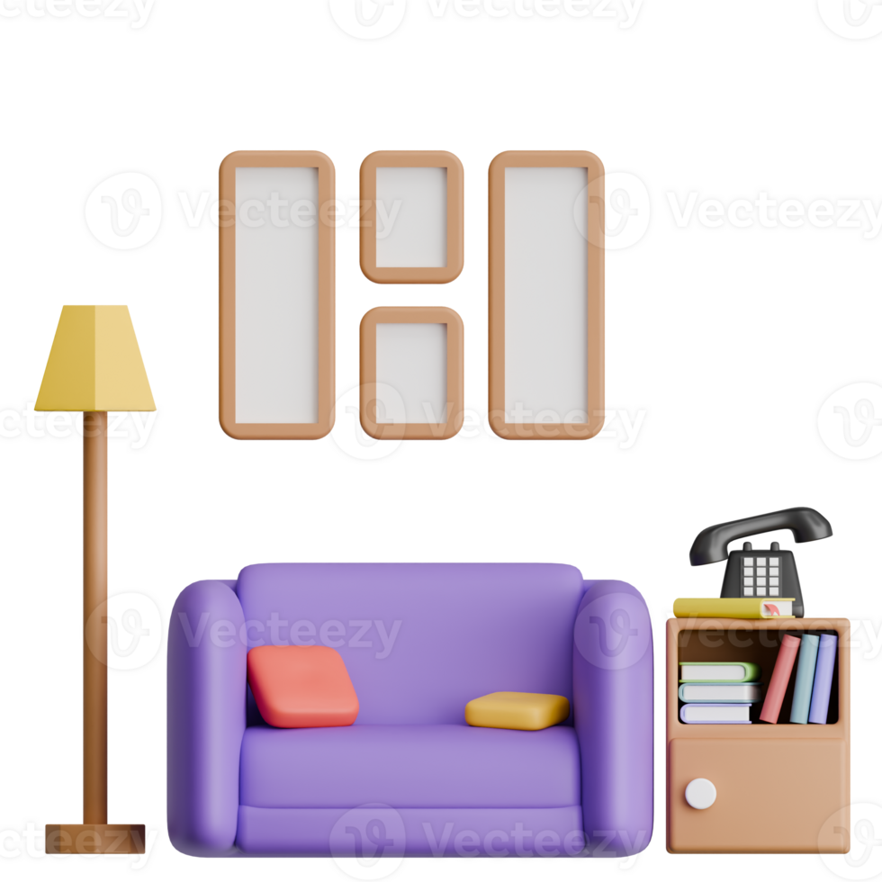 3D Rendering Modern Comfort Chair with Side Floor Lamp and Bookshelf for Interior Design png