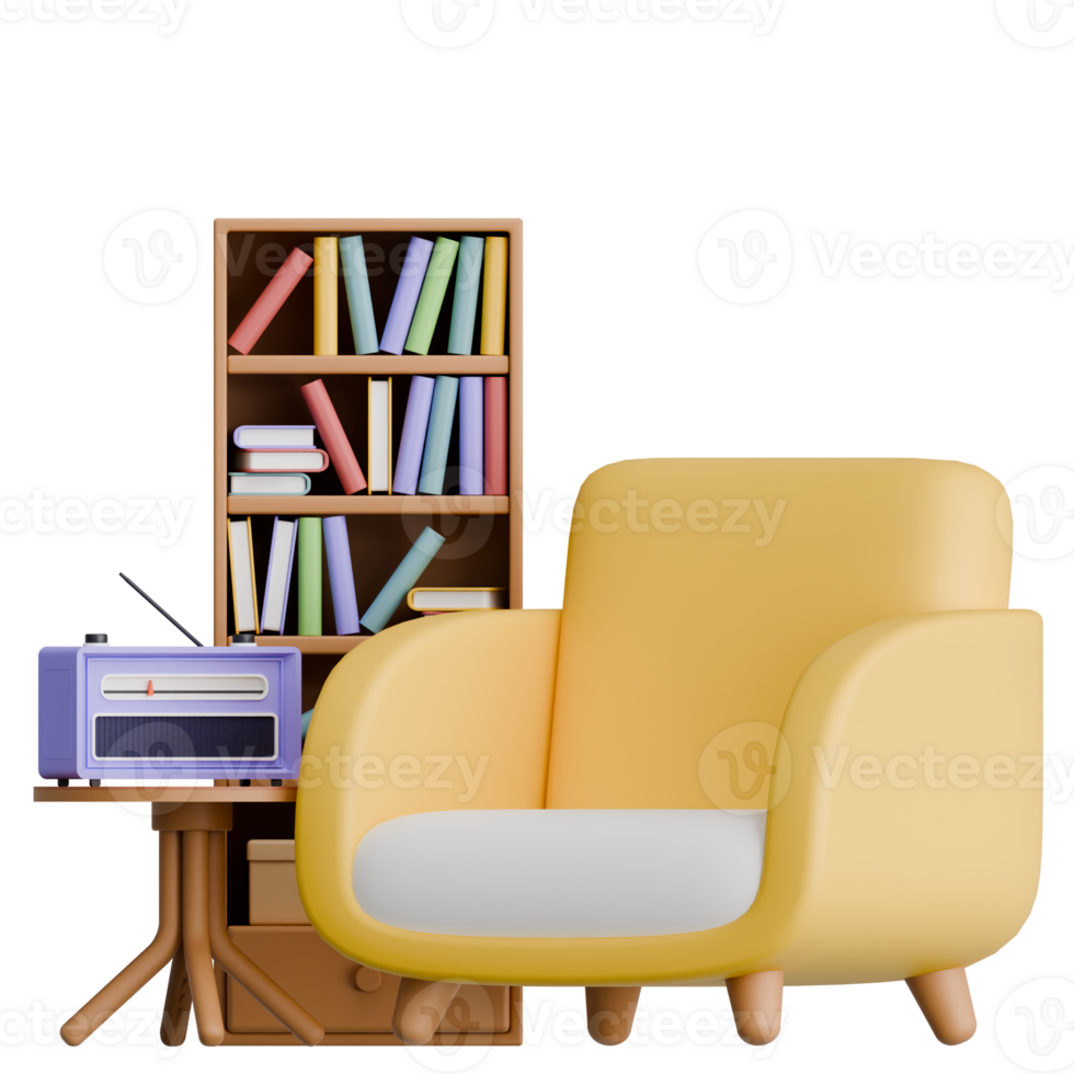 3D Rendering Modern Comfort Chair with Side Table and Bookshelf for Interior Design png