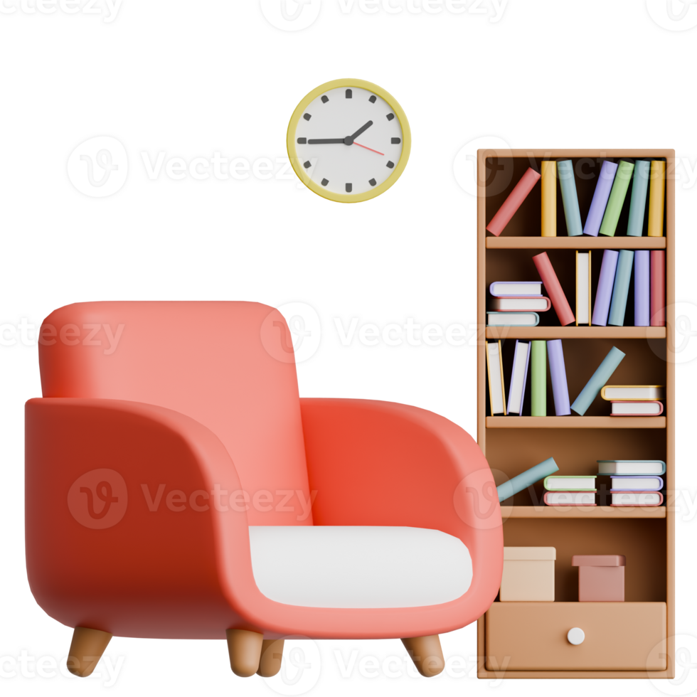 3D Rendering Modern Comfort Chair with Bookshelf for Interior Design png