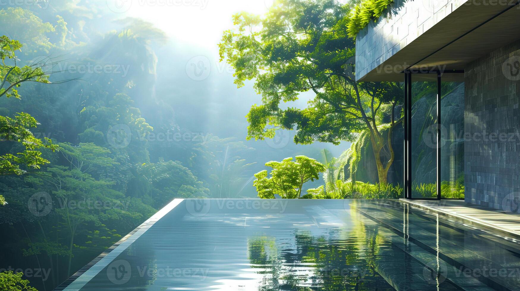 Luxurious modern house with infinity pool and scenic forest view, surrounded by lush greenery and natural light, ideal for relaxation. photo