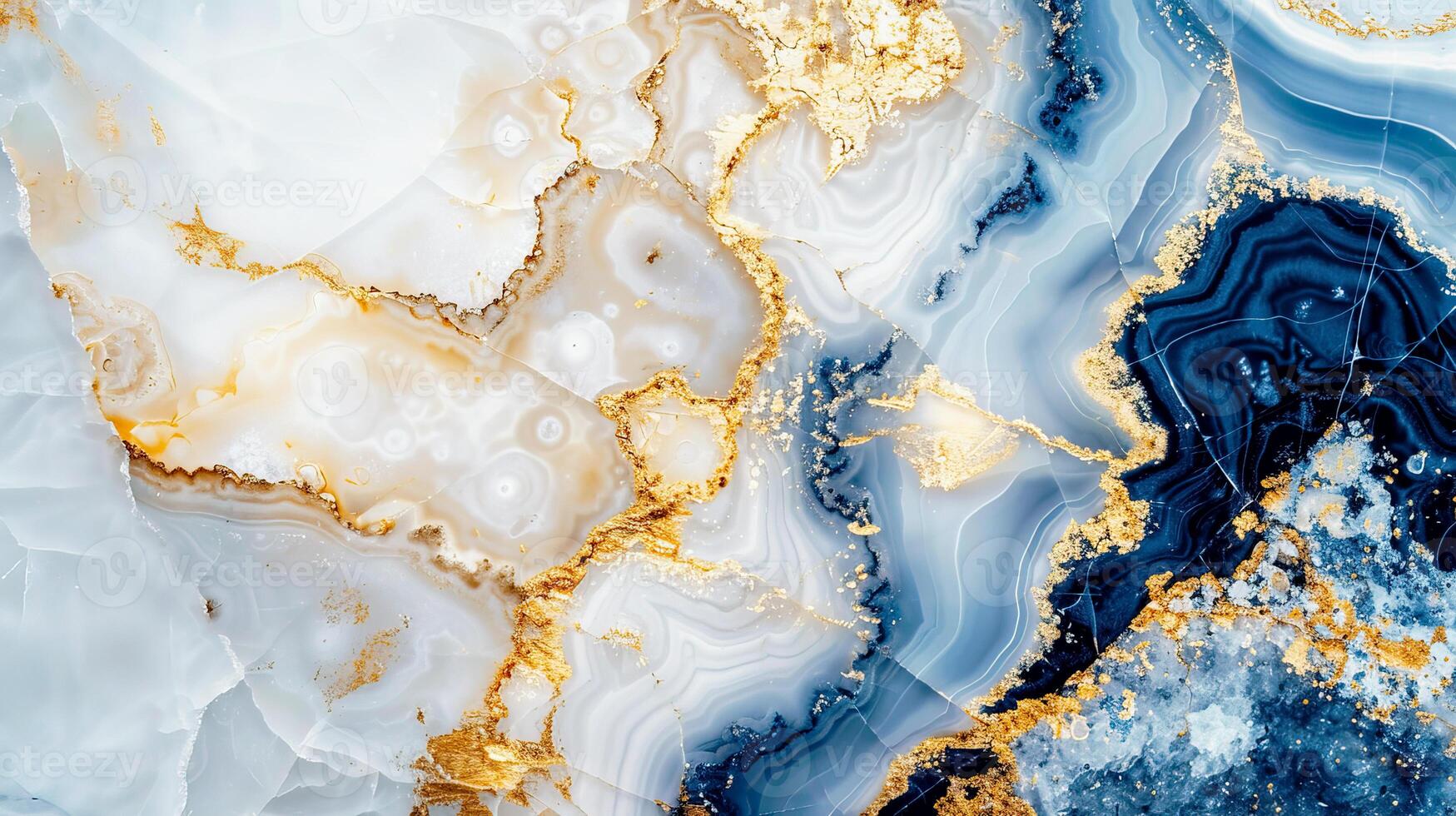 Close-up of abstract marble texture with gold, white, and blue hues, showcasing intricate natural patterns and luxury design. photo