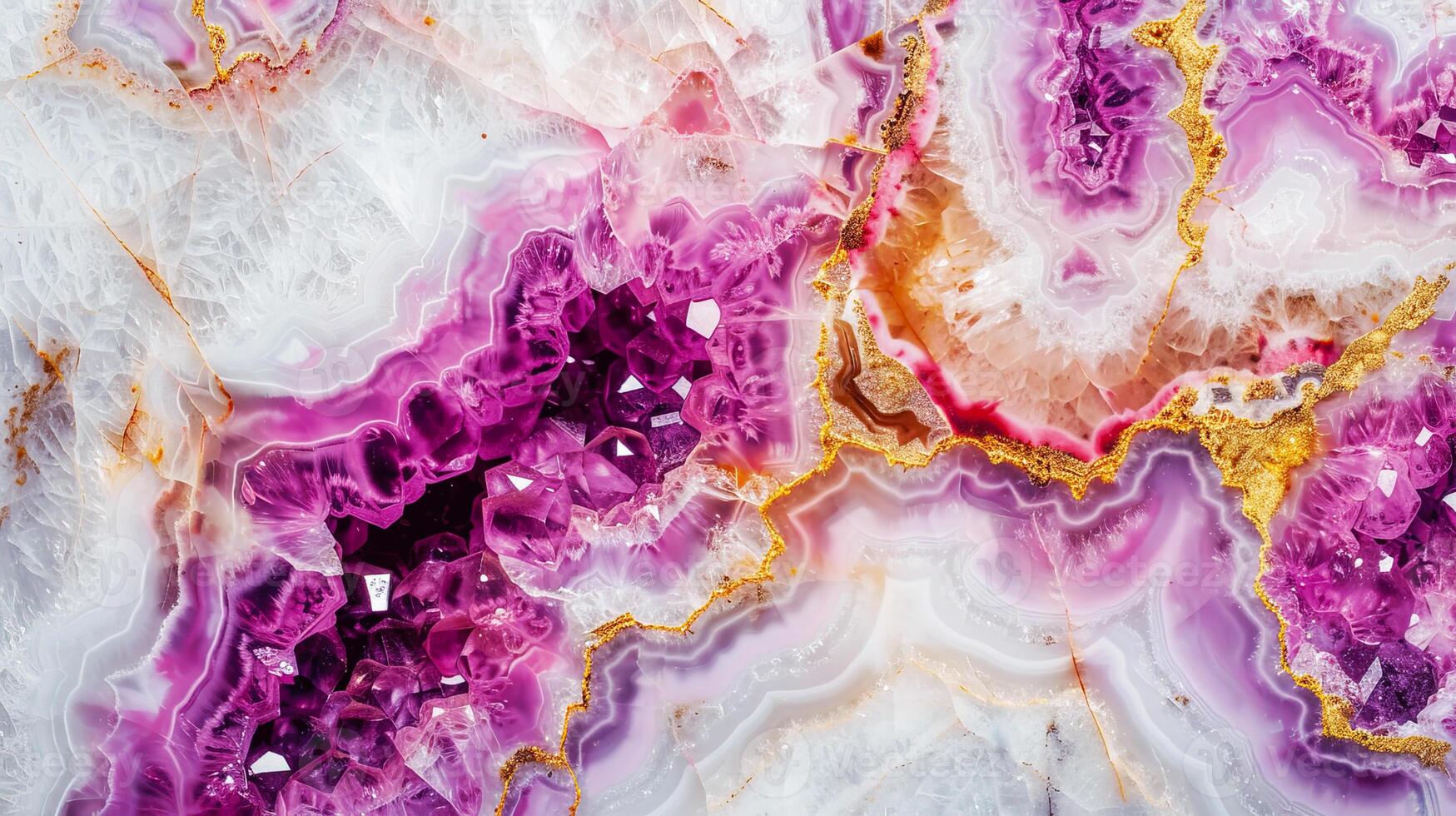 Vibrant pink and purple geode with intricate crystal patterns, showcasing natural beauty and unique textures in high resolution. photo