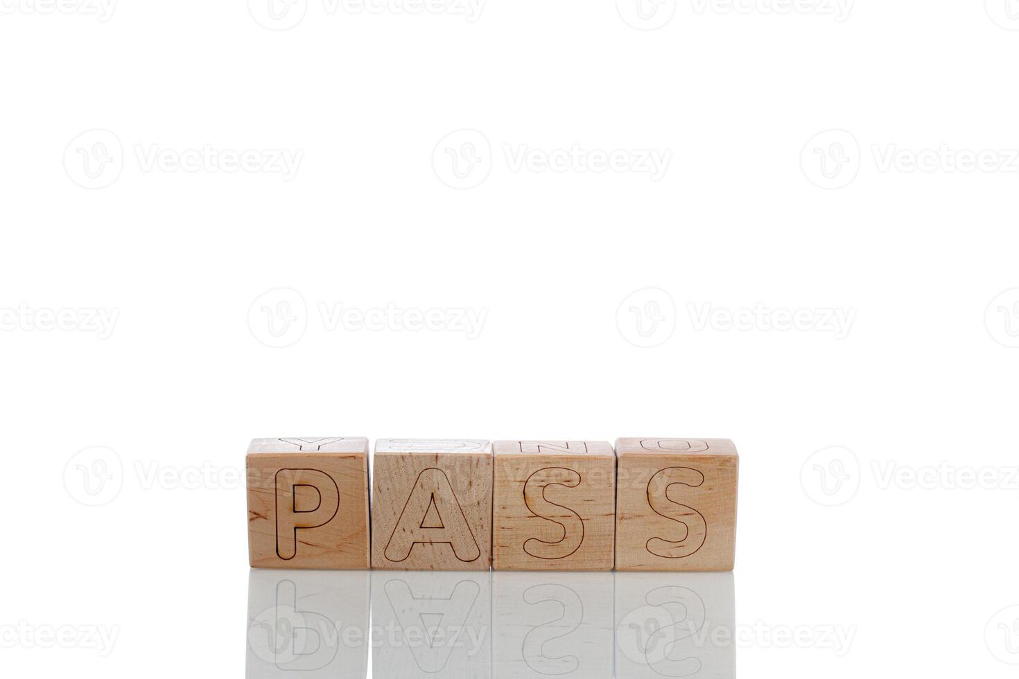 Wooden cubes with letters pass on a white background photo