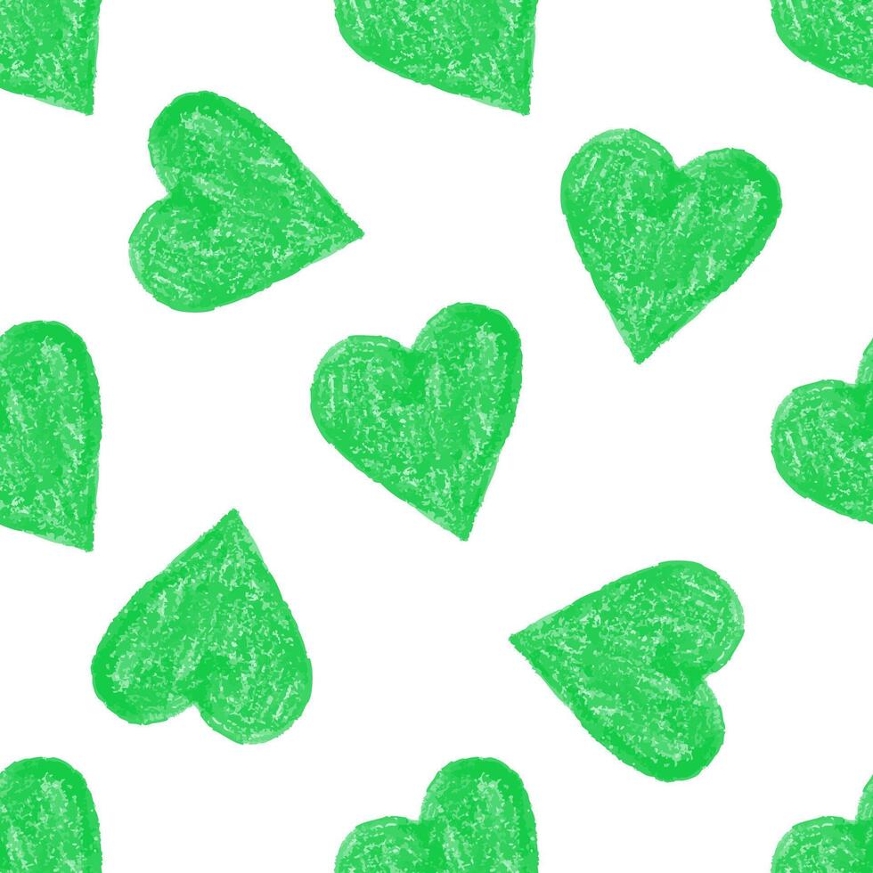 Seamless Doodle Pattern of Green Crayon Hearts on a White Background vector