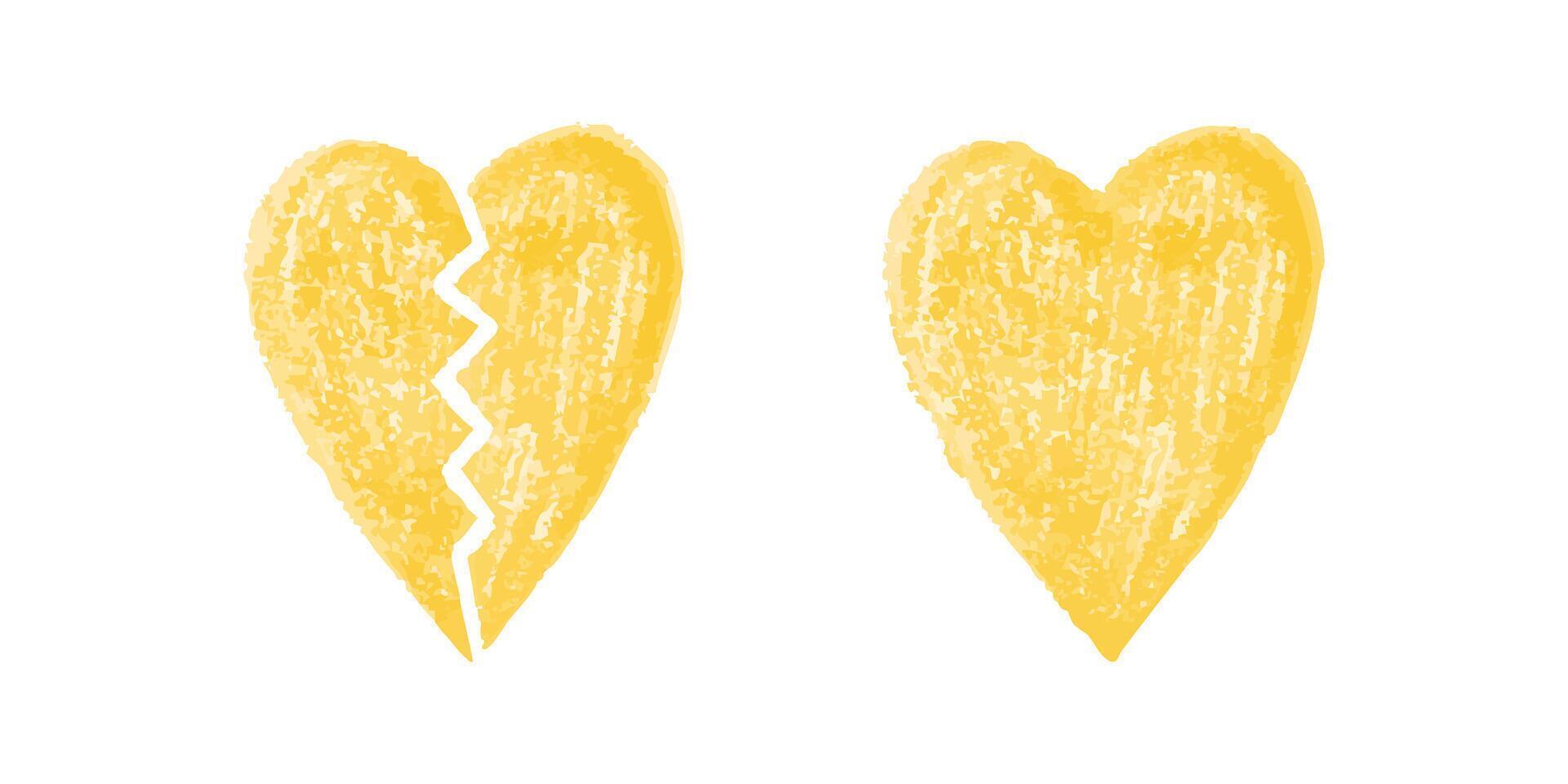 Broken and whole yellow crayon hearts on white background in textured style vector