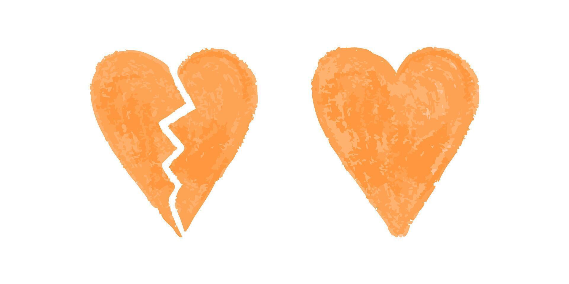 Broken and whole orange crayon hearts on white background in textured style vector