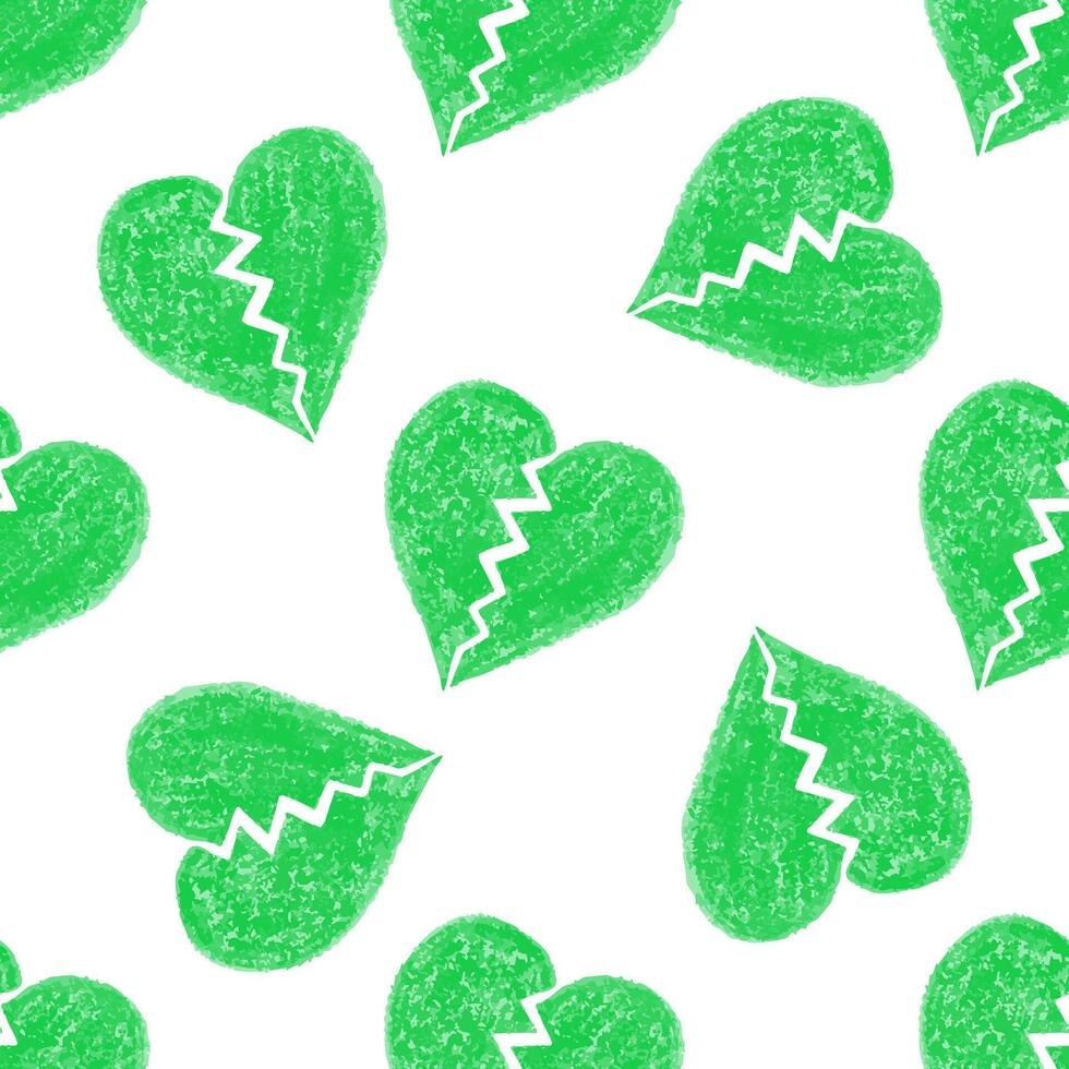 Seamless Pattern of Green Crayon Broken Hearts on a White Background vector