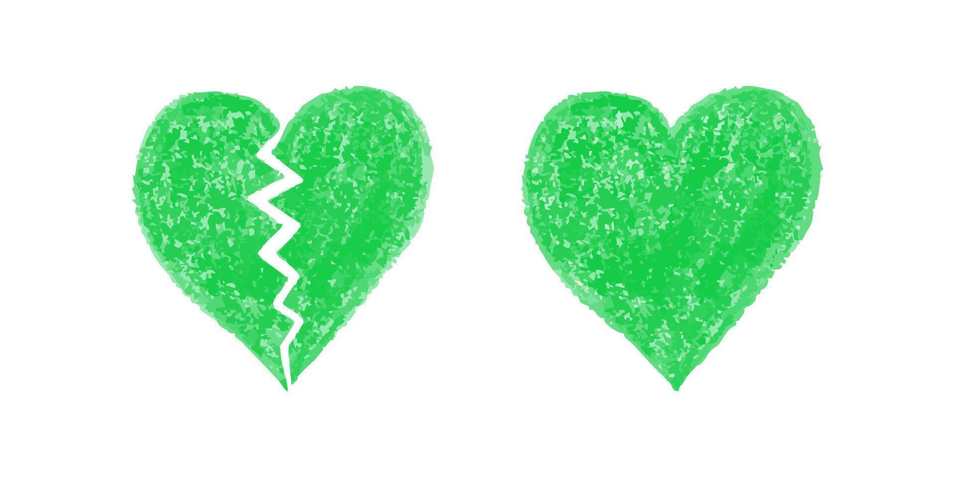 Broken and whole green crayon hearts on white background in textured style vector