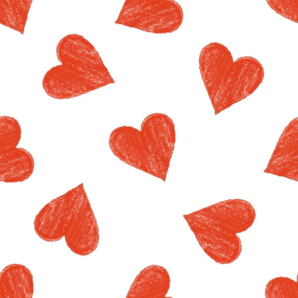 Hand-Drawn Red Crayon Hearts Seamless Pattern in Doodle Style on White vector