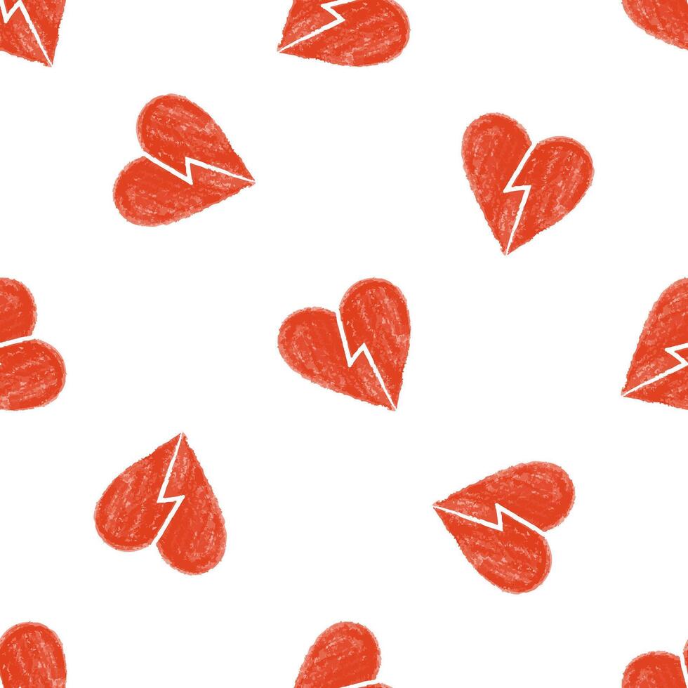 Hand-Drawn Red Crayon Broken Hearts Seamless Pattern on White vector