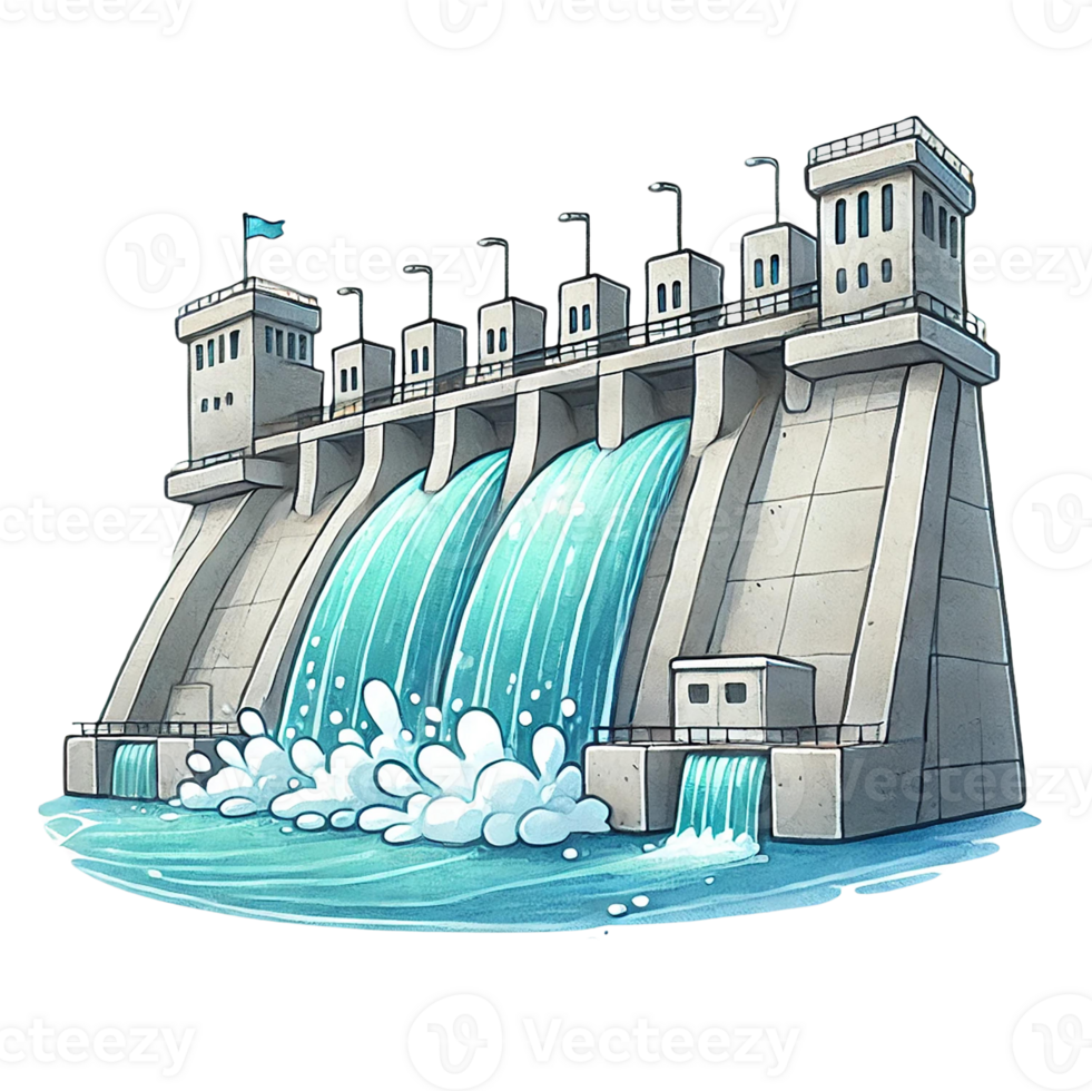 Illustration of a modern dam with flowing water and splashes. Eco-Friendly concept png