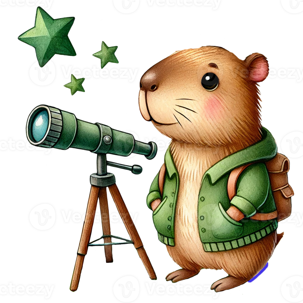 A cute cartoon capybara with a telescope gazing at the stars. Camping cartoon concept png