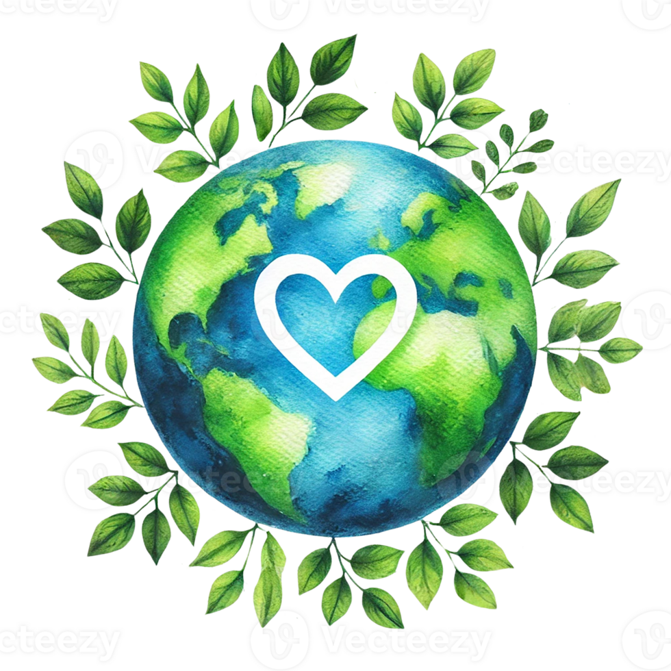 Beautiful illustration of the Earth surrounded by green leaves. Eco-Friendly concept png