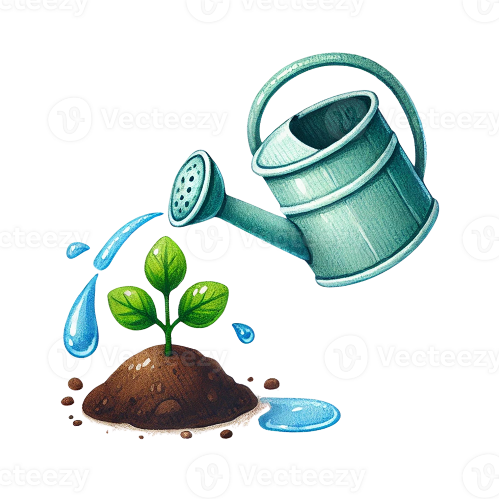 Watering can nourishing a young plant in bright and vibrant colors. Eco-Friendly concept png