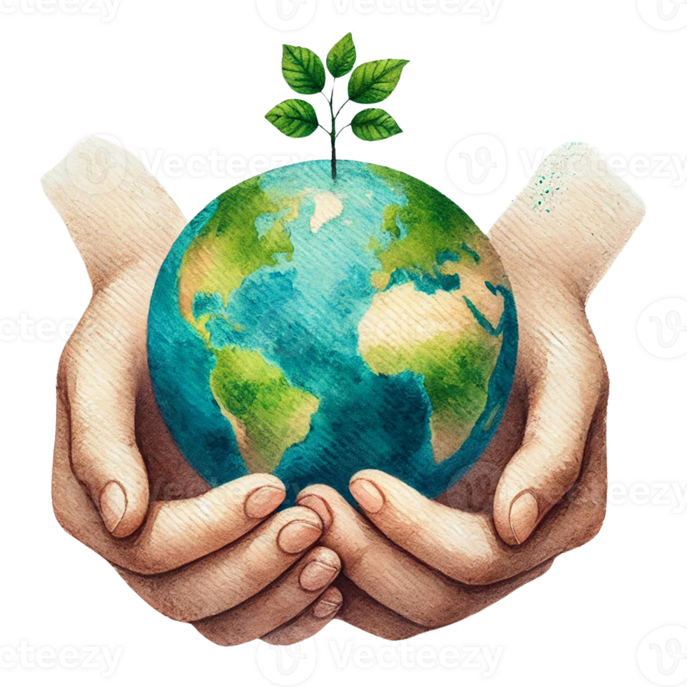 Hands holding a globe with a growing plant symbolizing care. Eco-Friendly concept png