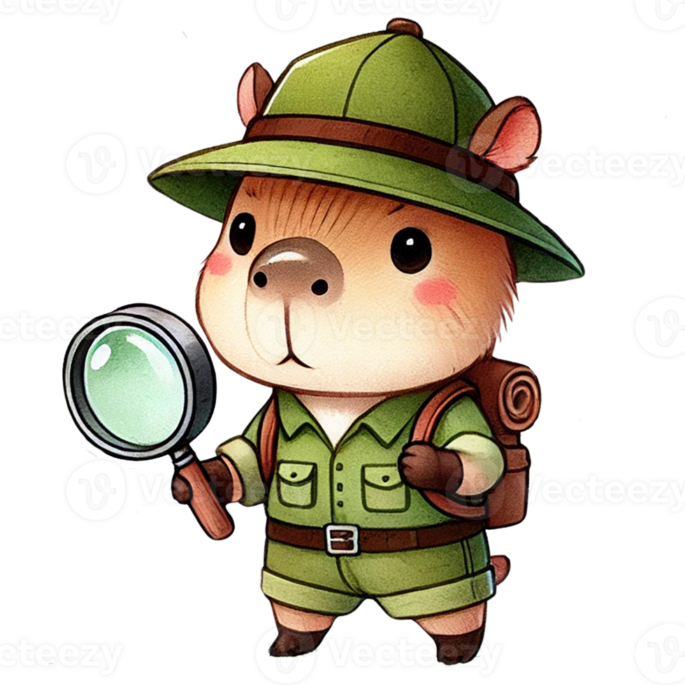 Cute cartoon explorer capybara with magnifying glass and backpack. Camping cartoon concept png