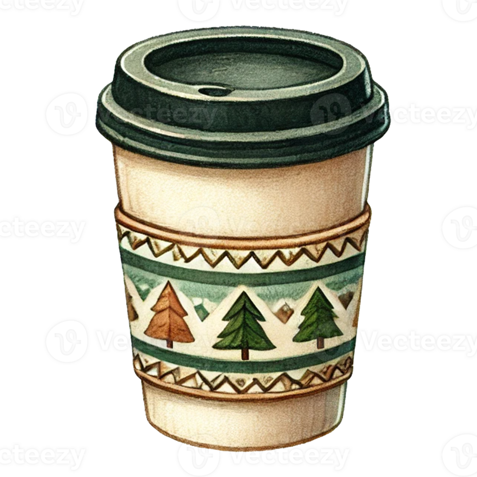 Artistic coffee cup with winter-themed design and greenery. Camping cartoon concept png