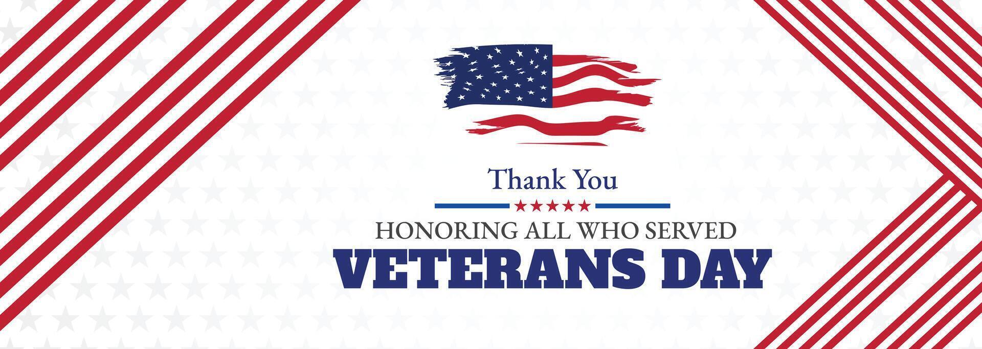 Minimalist Veterans Day banner featuring red stripes, American flag, and text for honoring military veterans and celebrating national pride vector