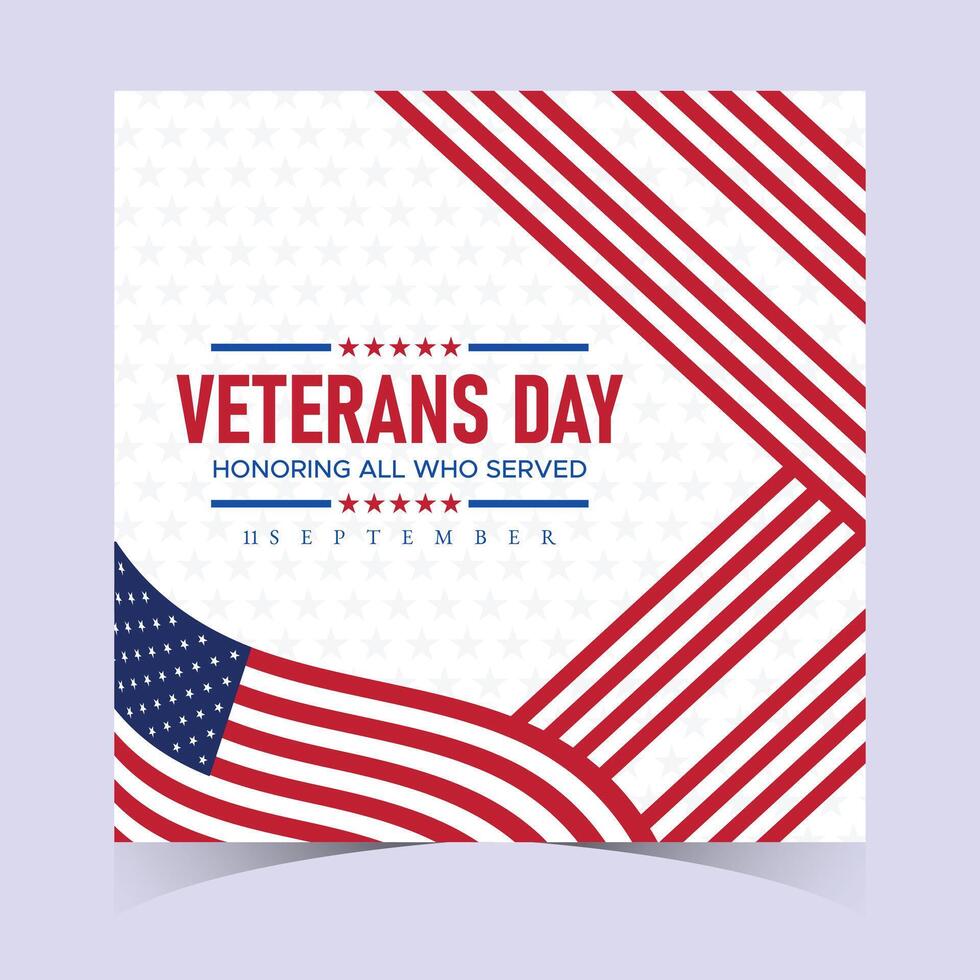 Minimalist square Veterans Day banner with red and blue flag patterns, clean design, and bold text honoring veterans and their service vector