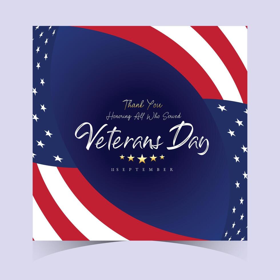 Modern Veterans Day banner with curved flag elements, stars, and elegant text honoring military service and veterans contributions vector