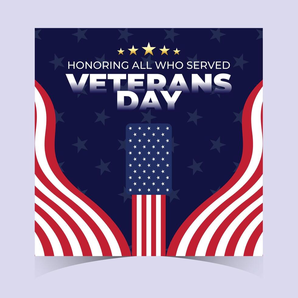 Stylish square Veterans Day banner with bold red and white flag patterns, stars, and modern typography honoring veterans vector