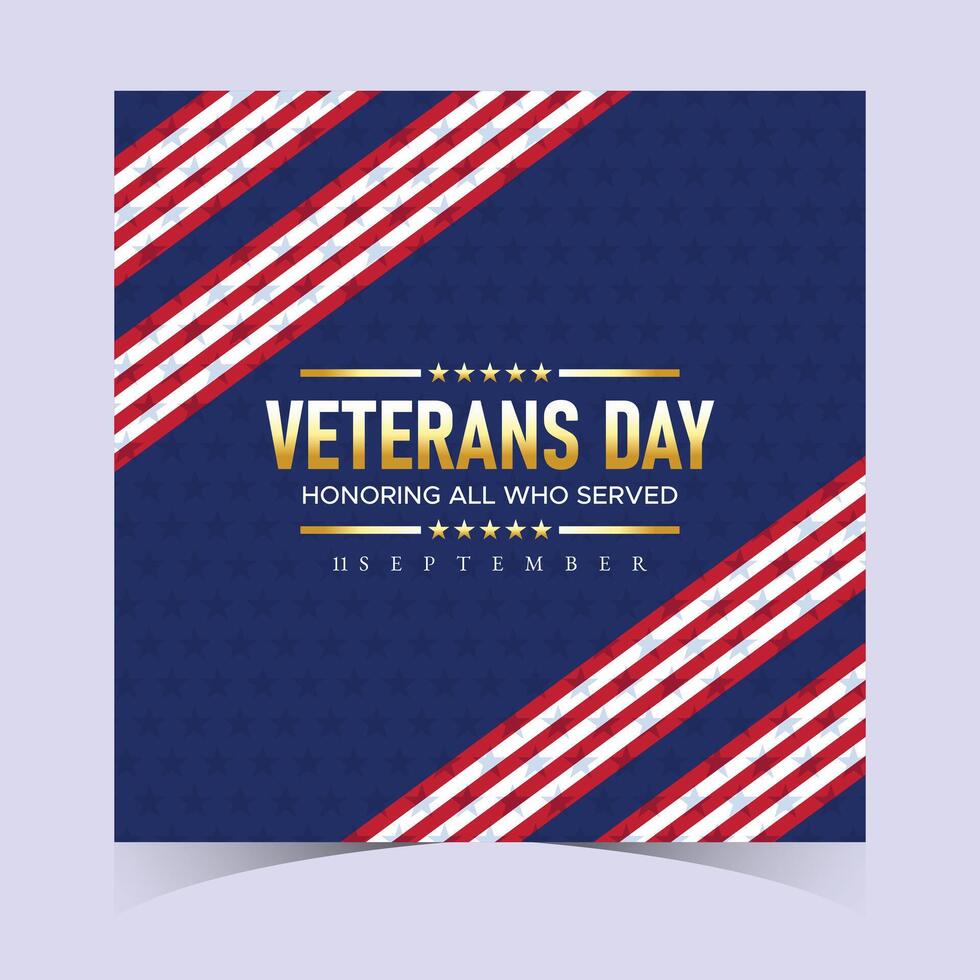 Stylish square Veterans Day banner with blue background, red and white diagonal stripes, and bold typography honoring veterans service vector