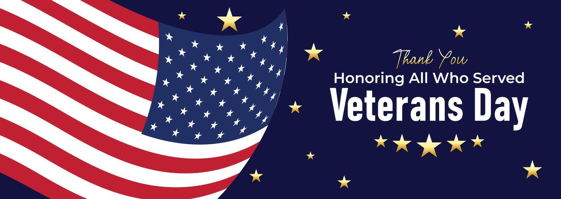 Patriotic Veterans Day banner with an American flag, stars, and elegant design honoring veterans and celebrating their courage and service vector