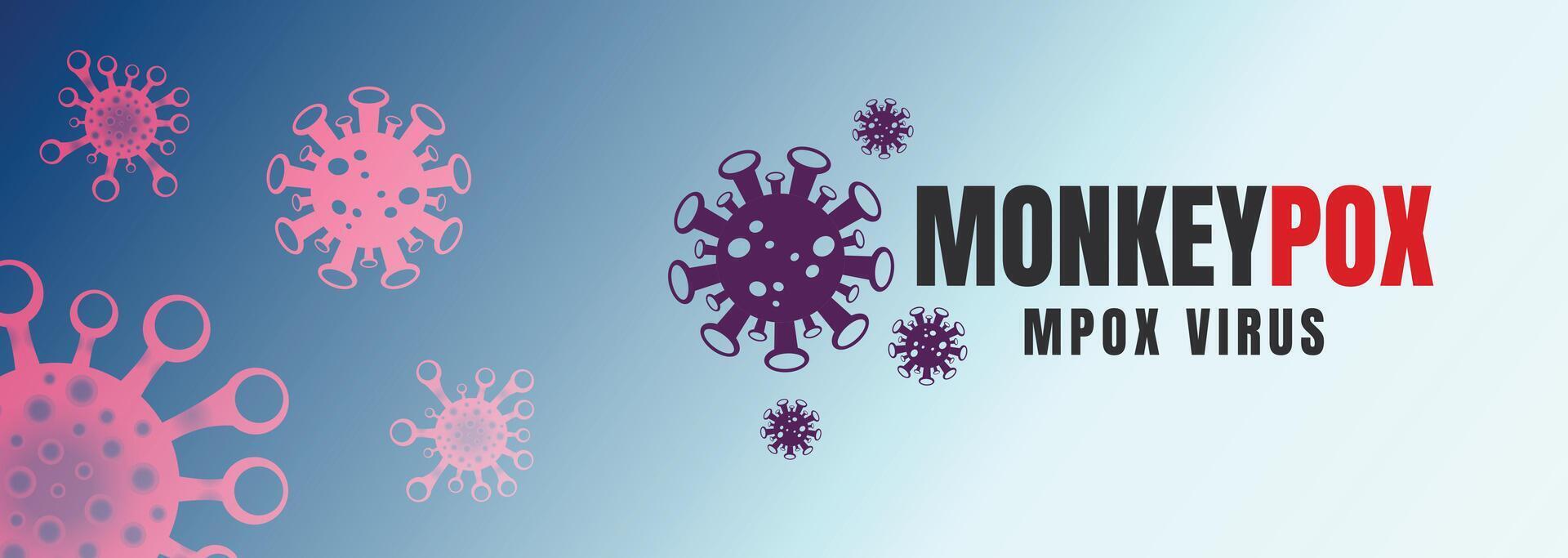 Stylish Monkeypox virus banner with gradient blue and purple background, viral particles, and bold text for awareness campaigns vector