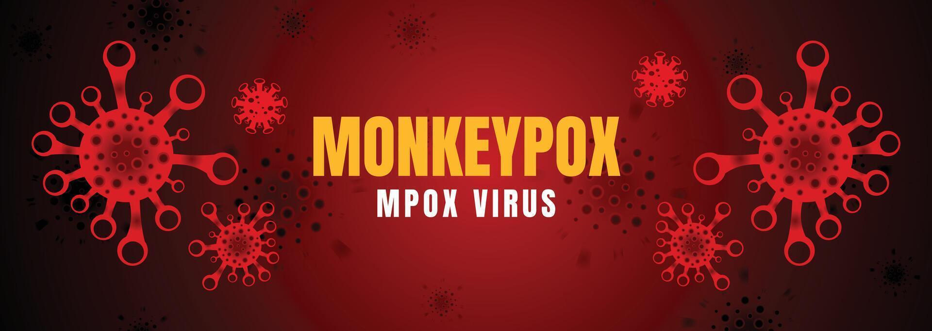 Dark-themed Monkeypox virus banner with red glowing particles, black background, and bold typography for health awareness vector