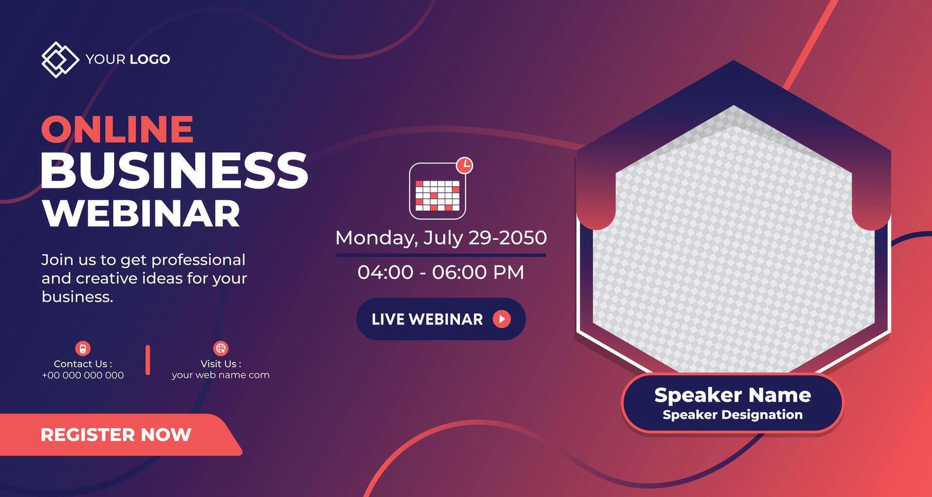 Creative online business webinar template with vibrant red and purple theme, featuring hexagonal placeholders for speakers vector