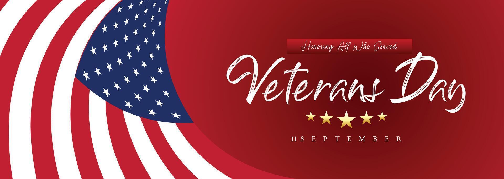 Bold Veterans Day banner with red background, waving American flag, and elegant typography celebrating veterans and their service vector