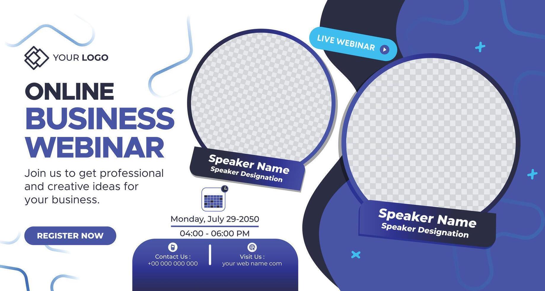 Creative online business webinar template with circular placeholders, blue theme, and professional design for event promotion vector