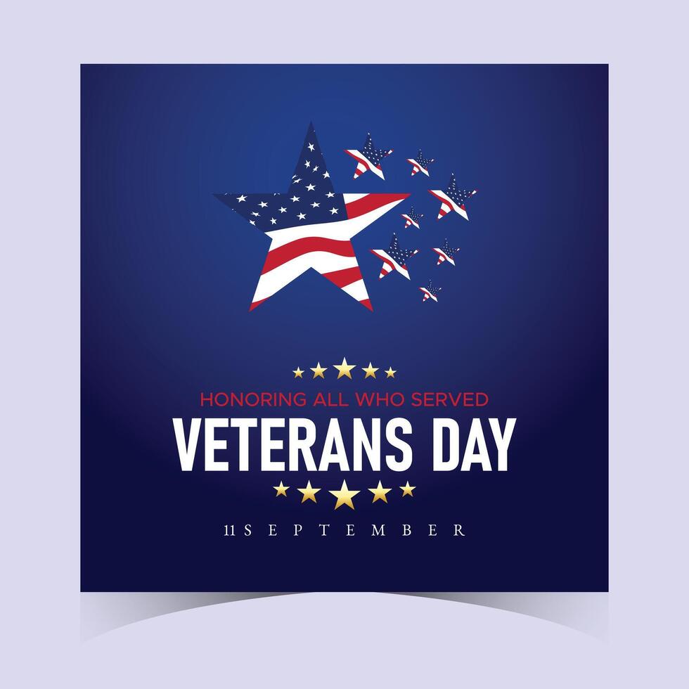 Modern square Veterans Day banner with star design, flag elements, and flying accents honoring veterans service and bravery vector