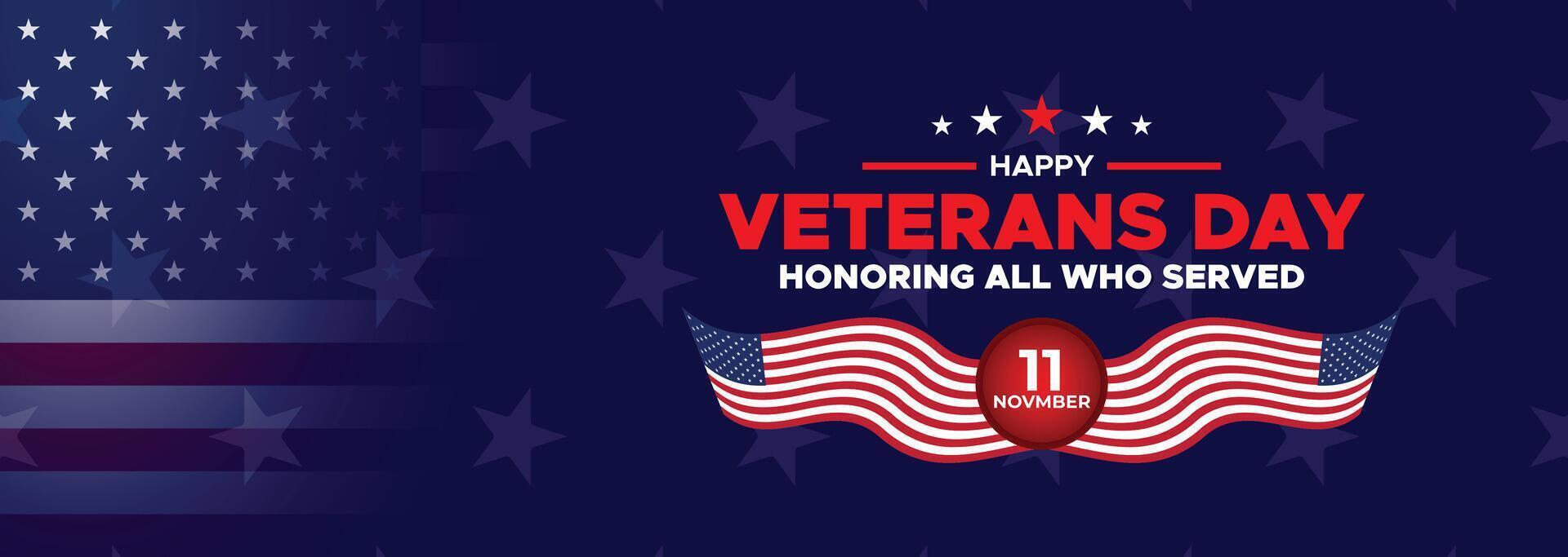 Stylish Veterans Day banner with American flag, stars, and wings design to honor veterans and their bravery in military service vector
