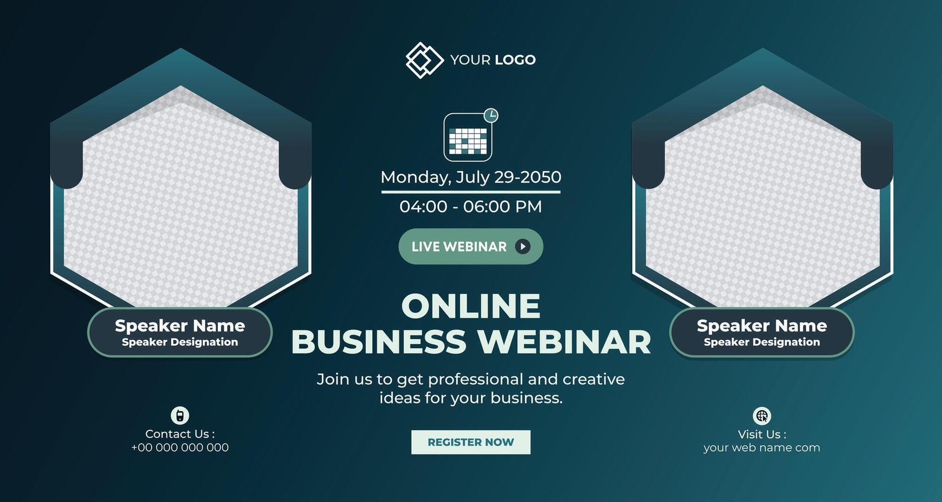 Minimalist online business webinar banner with dark green theme and geometric placeholders for professional event marketing vector