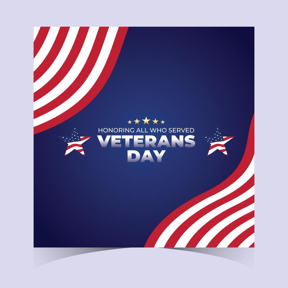 Elegant square Veterans Day banner with curved flag design, stars, and bold text celebrating veterans service and national pride vector