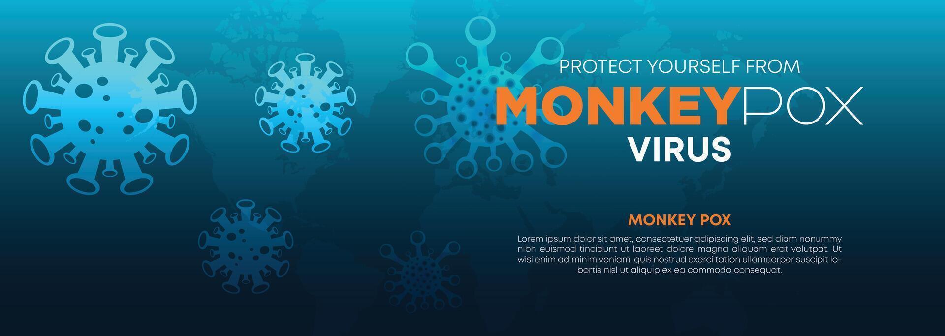 Stylish Monkeypox virus awareness banner with dark blue gradient background and glowing viral particles for healthcare education vector
