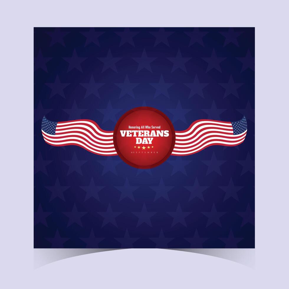Minimalist square Veterans Day card with a bold red emblem, winged elements, and text celebrating military veterans and their bravery vector