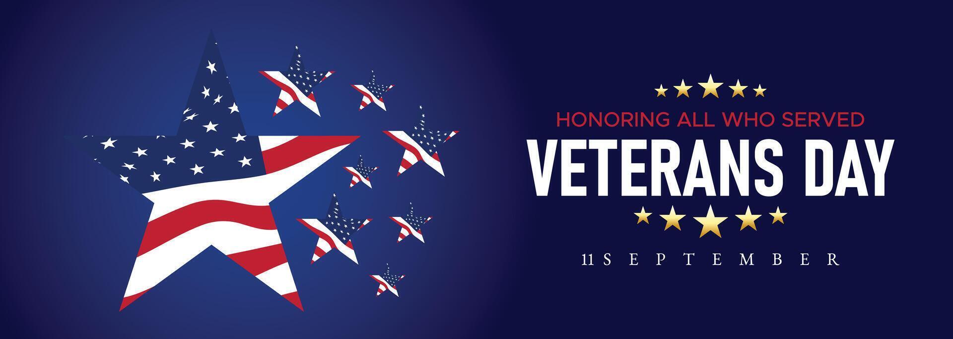Creative Veterans Day banner with star design, flag colors, and flying elements honoring veterans and celebrating their service vector