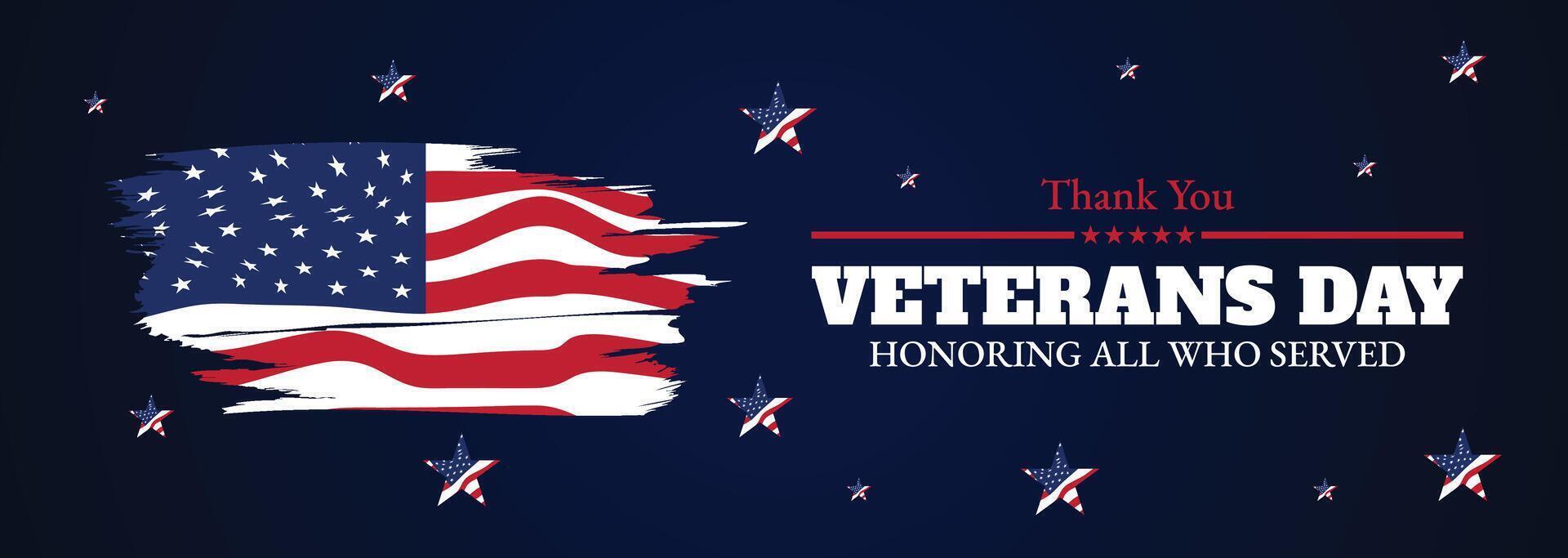 Veterans Day banner with American flag, bold typography, and dark blue theme to honor military service and celebrate heroes vector