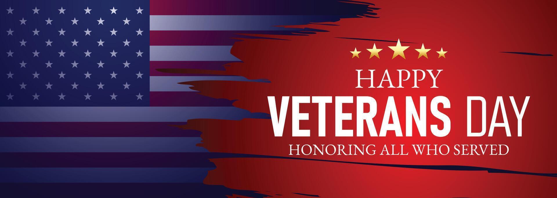 Patriotic Veterans Day banner with American flag theme, bold red background, and clean design for honoring veterans vector