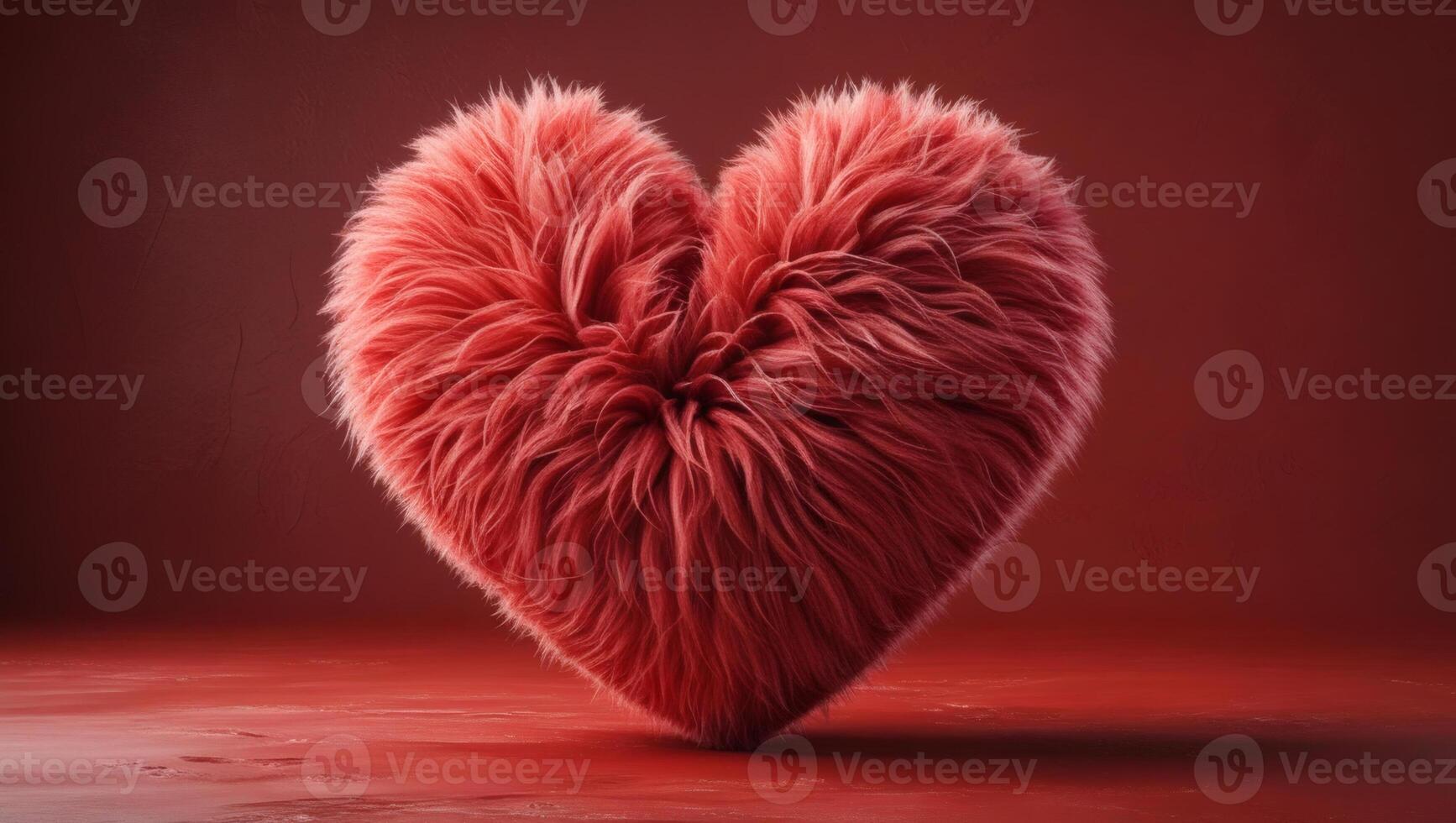 a red heart shaped fluffy pillow on a red background photo