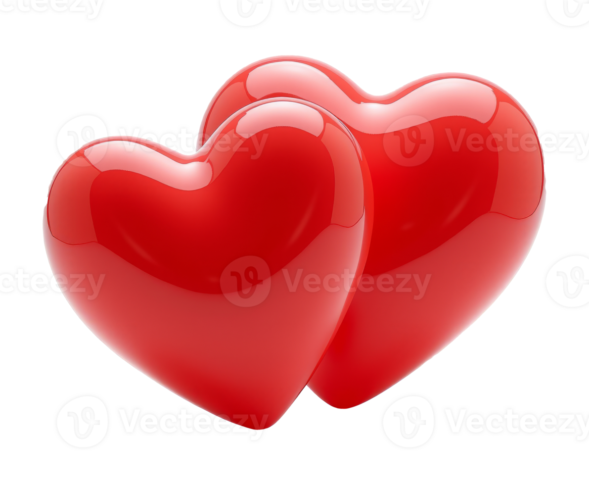 Two glossy red hearts in a 3D style, placed closely together on a transparent background. Symbol of love, romance, and affection. Valentine's day, wedding illustration. png